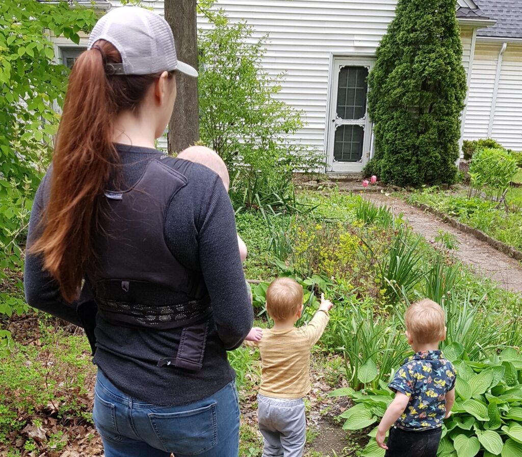 Mothering walking outdoors with 3 UNDER 2 YEARS OLD