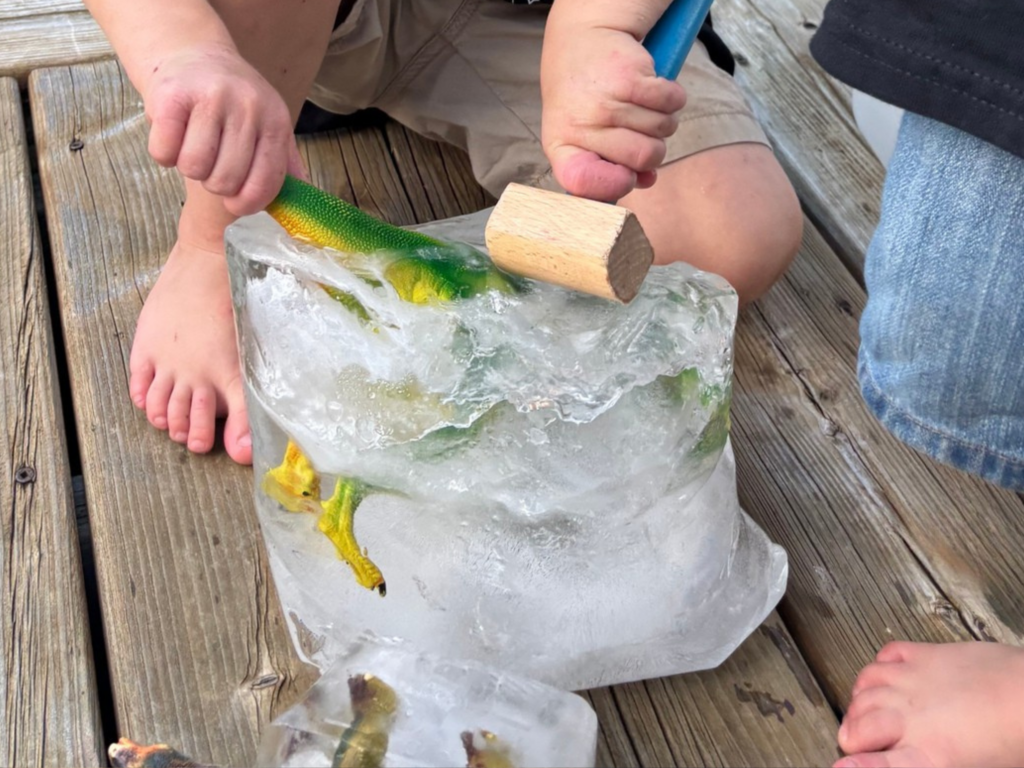 Frozen dinosaur ice rescue activity for toddlers